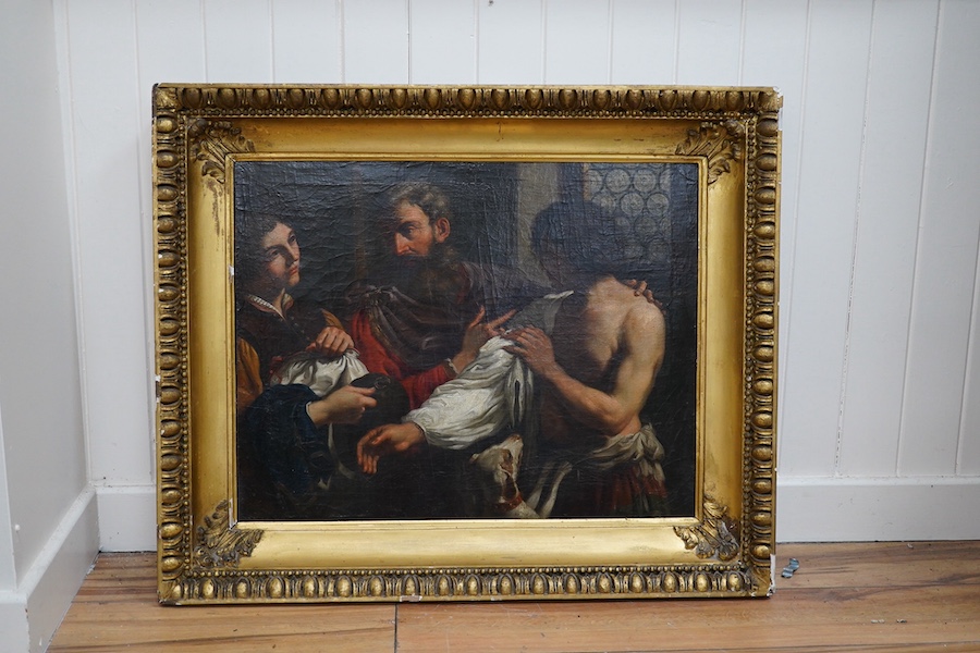 After Guercino, (Italian, 1591-1666), oil on canvas, Return of the Prodigal Son, unsigned, George Hilton & Sons Ltd., Haywards Heath label verso, 48 x 62cm. Condition - fair, some craquelure throughout and losses to the